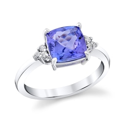 8.0mm Cushion-Cut Tanzanite and 1/10 CT. T.W. Diamond Tri-Sides Ring in 10K White Gold