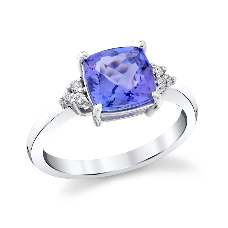 Main Image 1 of 8.0mm Cushion-Cut Tanzanite and 1/10 CT. T.W. Diamond Tri-Sides Ring in 10K White Gold