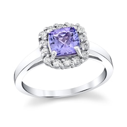 6.0mm Cushion-Cut Tanzanite and 1/4 CT. T.W. Diamond Frame Ring in 14K White Gold