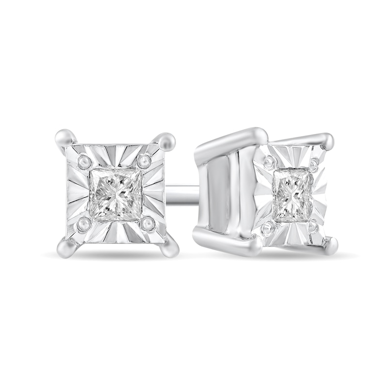 Main Image 1 of 1/20 CT. T.W. Princess-Cut Diamond Miracle Frame Solitaire Stud Earrings in Sterling Silver