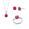 Thumbnail Image 1 of Cushion-Cut Lab-Created Ruby and White Lab-Created Sapphire Pendant, Ring and Stud Earrings Set in Sterling Silver