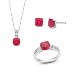 Cushion-Cut Lab-Created Ruby and White Lab-Created Sapphire Pendant, Ring and Stud Earrings Set in Sterling Silver