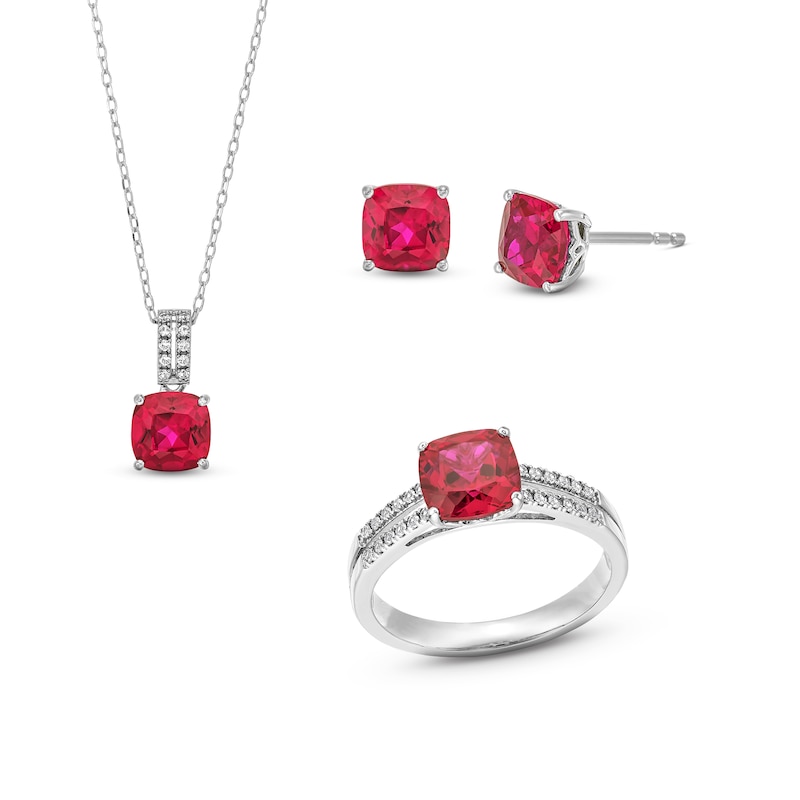 Main Image 1 of Cushion-Cut Lab-Created Ruby and White Lab-Created Sapphire Pendant, Ring and Stud Earrings Set in Sterling Silver