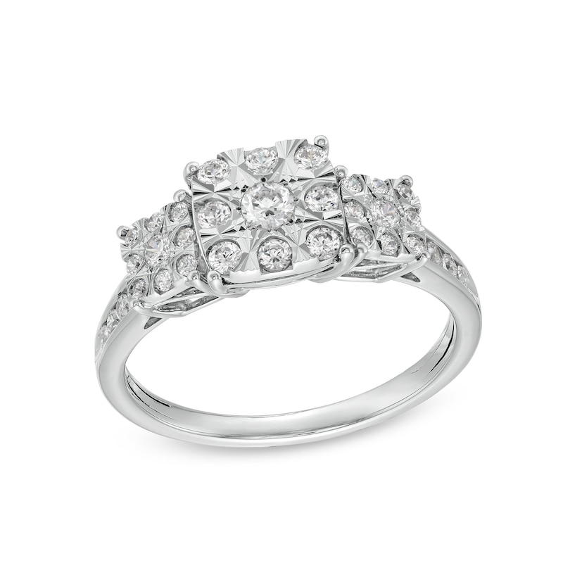 Main Image 1 of 1/2 CT. T.W. Cushion-Shaped Multi-Diamond Three Stone Engagement Ring in 10K White Gold