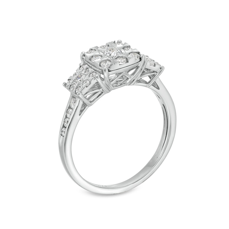 Main Image 3 of 1/2 CT. T.W. Cushion-Shaped Multi-Diamond Three Stone Engagement Ring in 10K White Gold