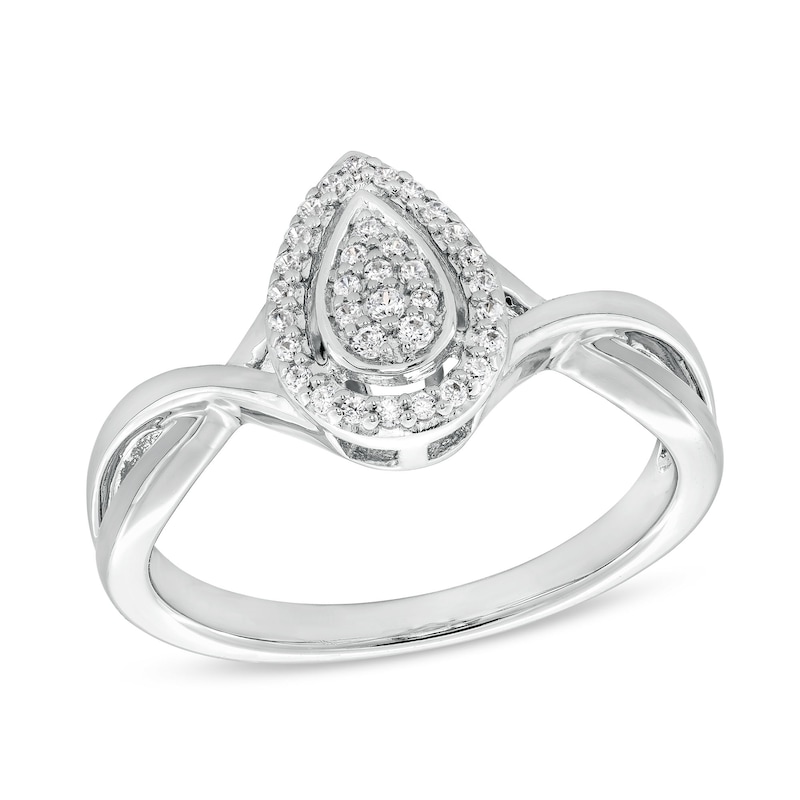 Main Image 1 of 1/8 CT. T.W. Pear-Shaped Multi-Diamond Frame Crossover Shank Promise Ring in Sterling Silver