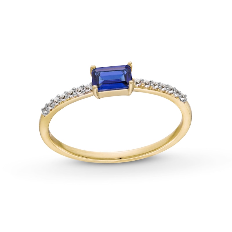 Sideways Emerald-Cut Blue and White Lab-Created Sapphire Ring in Sterling Silver with 14K Gold Plate