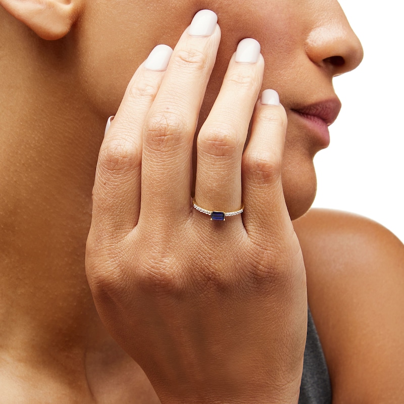 Main Image 2 of Sideways Emerald-Cut Blue and White Lab-Created Sapphire Ring in Sterling Silver with 14K Gold Plate