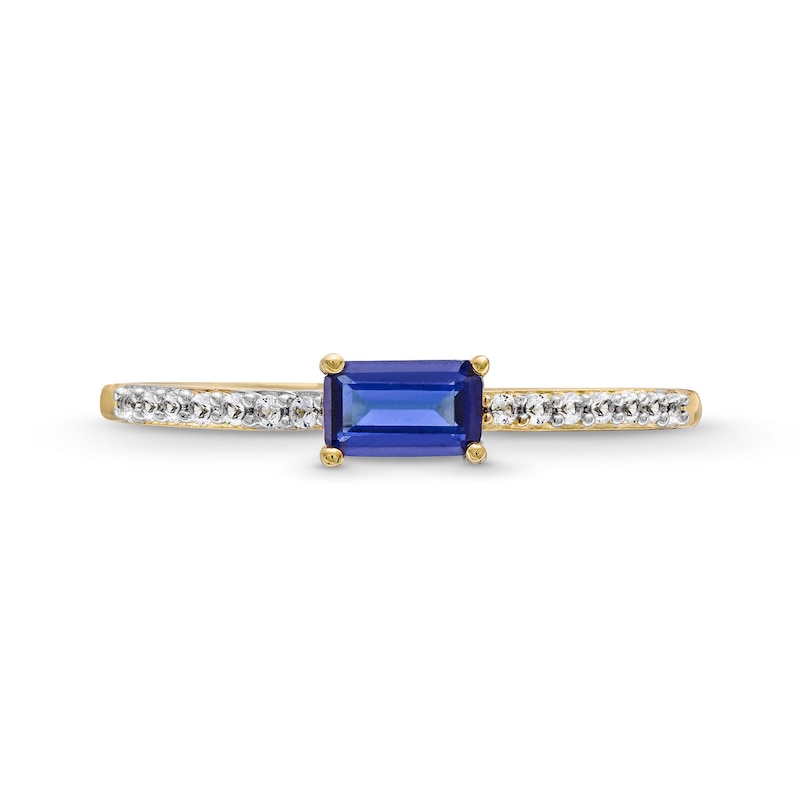 Sideways Emerald-Cut Blue and White Lab-Created Sapphire Ring in Sterling Silver with 14K Gold Plate