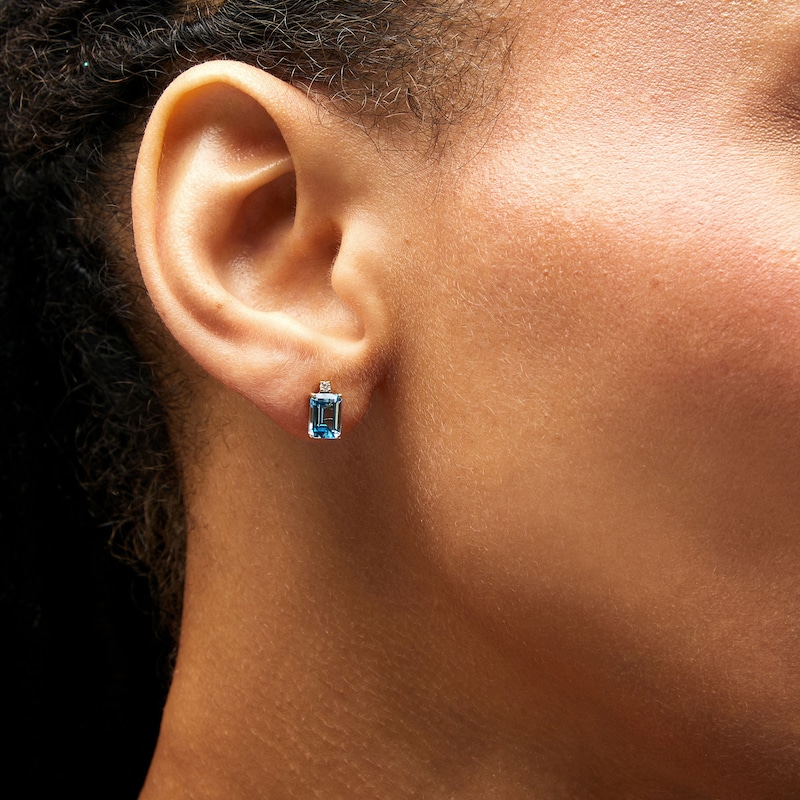 Main Image 2 of EFFY™ Collection Emerald-Cut Swiss Blue Topaz and Diamond Accent Stud Earrings in 14K Gold