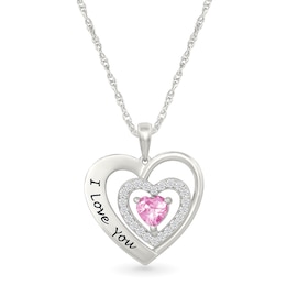 5.0mm Birthstone and White Lab-Created Sapphire Engravable Triple Heart Pendant in Sterling Silver (1 Stone and Line)