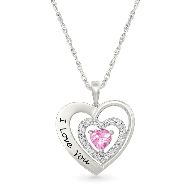 Main Image 1 of 5.0mm Birthstone and White Lab-Created Sapphire Engravable Triple Heart Pendant in Sterling Silver (1 Stone and Line)