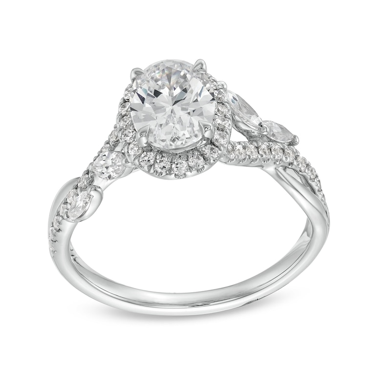 Main Image 1 of 1-3/8 CT. T.W. Oval Diamond Frame Crossover Leaf Shank Engagement Ring in 10K White Gold