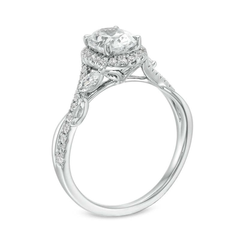 Main Image 3 of 1-3/8 CT. T.W. Oval Diamond Frame Crossover Leaf Shank Engagement Ring in 10K White Gold