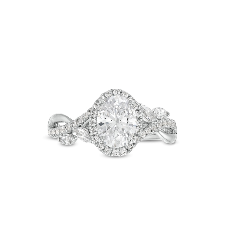 Main Image 4 of 1-3/8 CT. T.W. Oval Diamond Frame Crossover Leaf Shank Engagement Ring in 10K White Gold