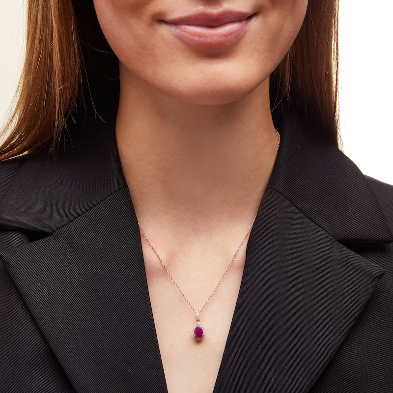 Main Image 2 of Pear-Shaped Certified Ruby and 1/8 CT. T.W. Diamond Frame Drop Pendant in 10K Rose Gold