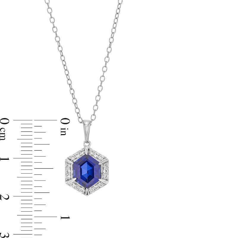 Main Image 3 of Hexagon Blue and White Lab-Created Sapphire Frame Pendant in Sterling Silver