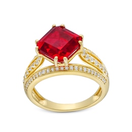 Asscher-Cut Lab-Created Ruby and White Lab-Created Sapphire Triple Row Ring in Sterling Silver with 14K Gold Plate