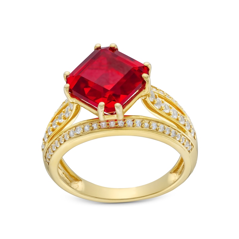 Main Image 1 of Asscher-Cut Lab-Created Ruby and White Lab-Created Sapphire Triple Row Ring in Sterling Silver with 14K Gold Plate