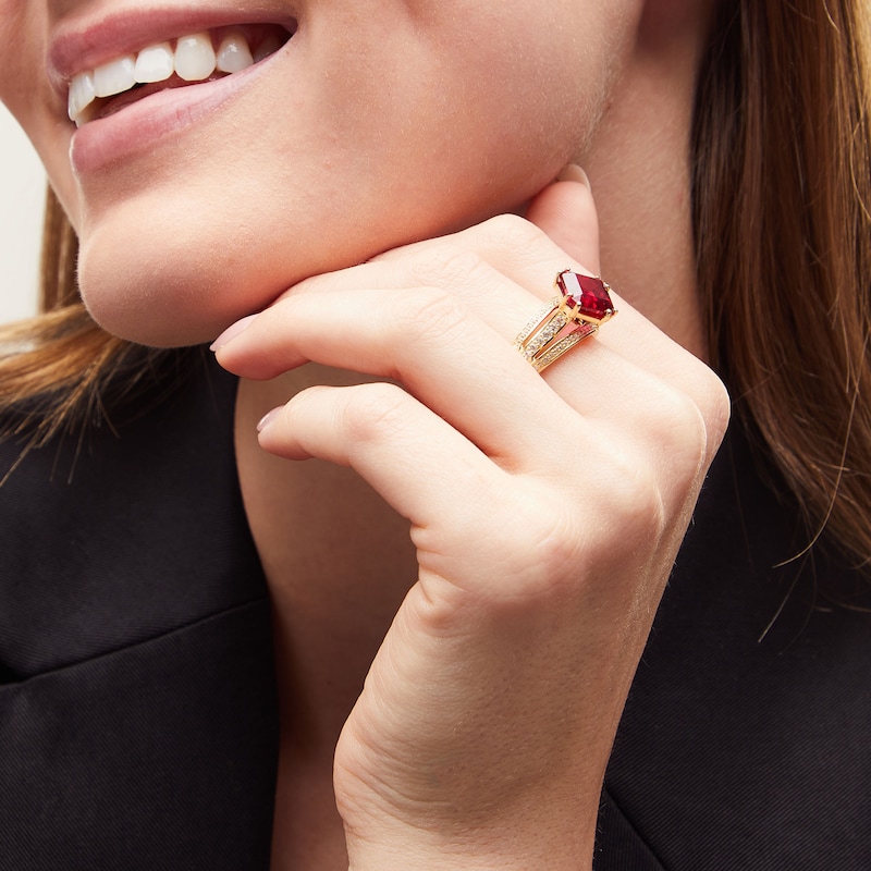 Main Image 2 of Asscher-Cut Lab-Created Ruby and White Lab-Created Sapphire Triple Row Ring in Sterling Silver with 14K Gold Plate