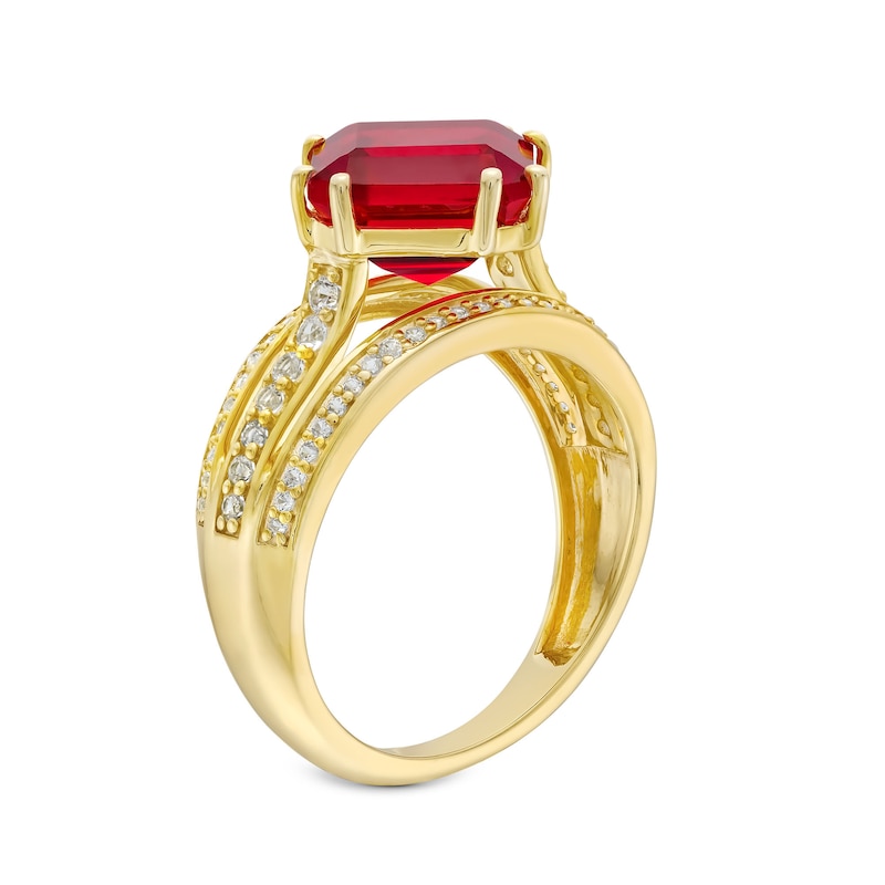 Main Image 3 of Asscher-Cut Lab-Created Ruby and White Lab-Created Sapphire Triple Row Ring in Sterling Silver with 14K Gold Plate