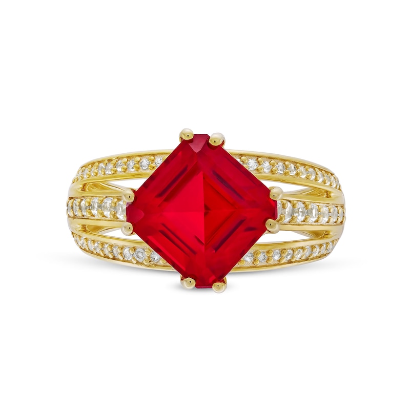 Main Image 4 of Asscher-Cut Lab-Created Ruby and White Lab-Created Sapphire Triple Row Ring in Sterling Silver with 14K Gold Plate