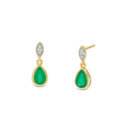 Pear-Shaped Emerald and Diamond Accent Bezel-Set Drop Earrings in 10K Gold