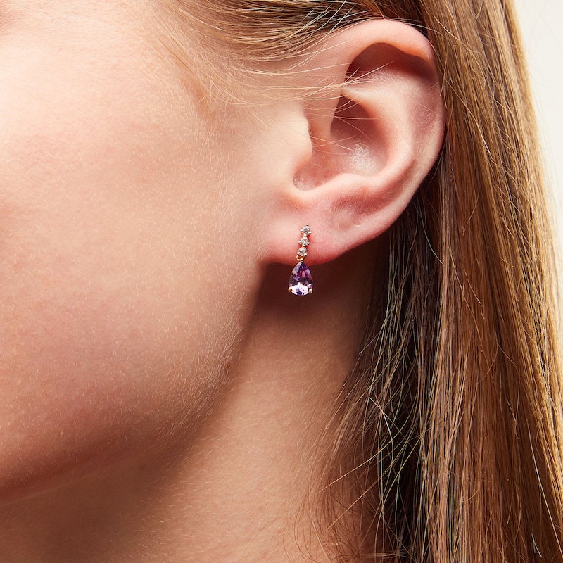 Pear-Shaped Amethyst and White Lab-Created Sapphire Drop Earrings in Sterling Silver with 14K Gold Plate