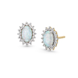 Oval Lab-Created Opal and White Lab-Created Sapphire Sunburst Frame Stud Earrings in Sterling Silver with 18K Gold Plate