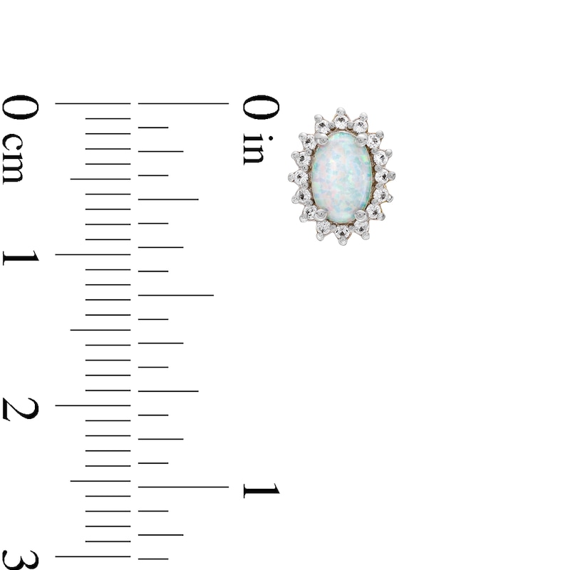 Main Image 3 of Oval Lab-Created Opal and White Lab-Created Sapphire Sunburst Frame Stud Earrings in Sterling Silver with 18K Gold Plate