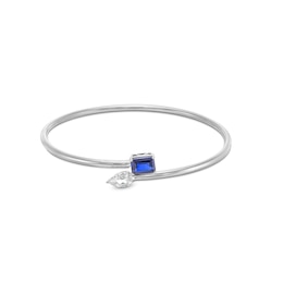 Emerald-Cut Blue and Pear-Shaped White Lab-Created Sapphire Open Bypass Bangle in Sterling Silver - 7.5&quot;