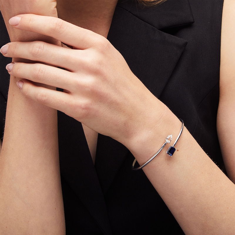 Emerald-Cut Blue and Pear-Shaped White Lab-Created Sapphire Open Bypass Bangle in Sterling Silver - 7.5"