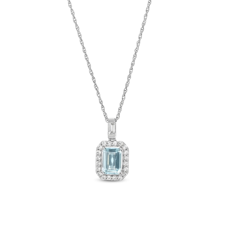 Main Image 1 of Emerald-Cut Aquamarine and White Lab-Created Sapphire Frame Drop Pendant in Sterling Silver