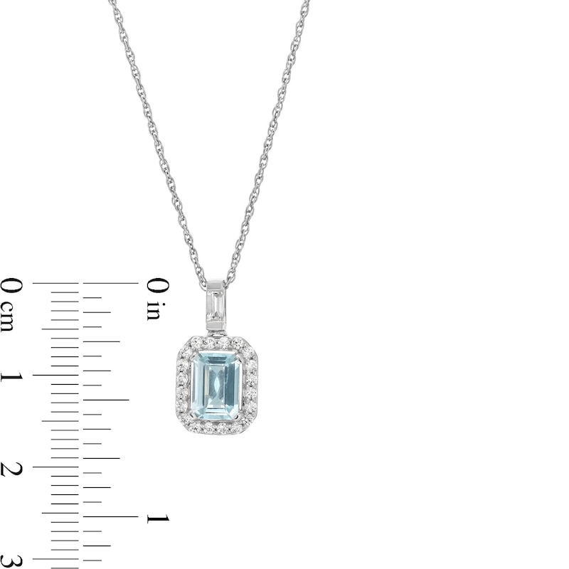 Main Image 3 of Emerald-Cut Aquamarine and White Lab-Created Sapphire Frame Drop Pendant in Sterling Silver