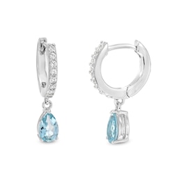 Pear-Shaped Aquamarine and White Lab-Created Sapphire Dangle Hoop Earrings in Sterling Silver