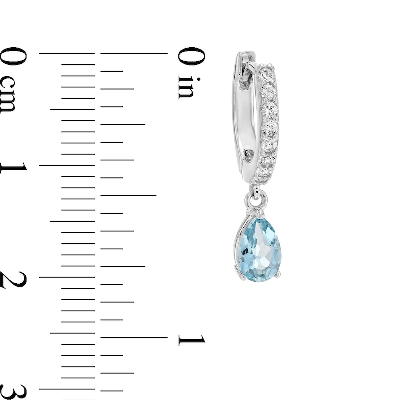 Main Image 3 of Pear-Shaped Aquamarine and White Lab-Created Sapphire Dangle Hoop Earrings in Sterling Silver