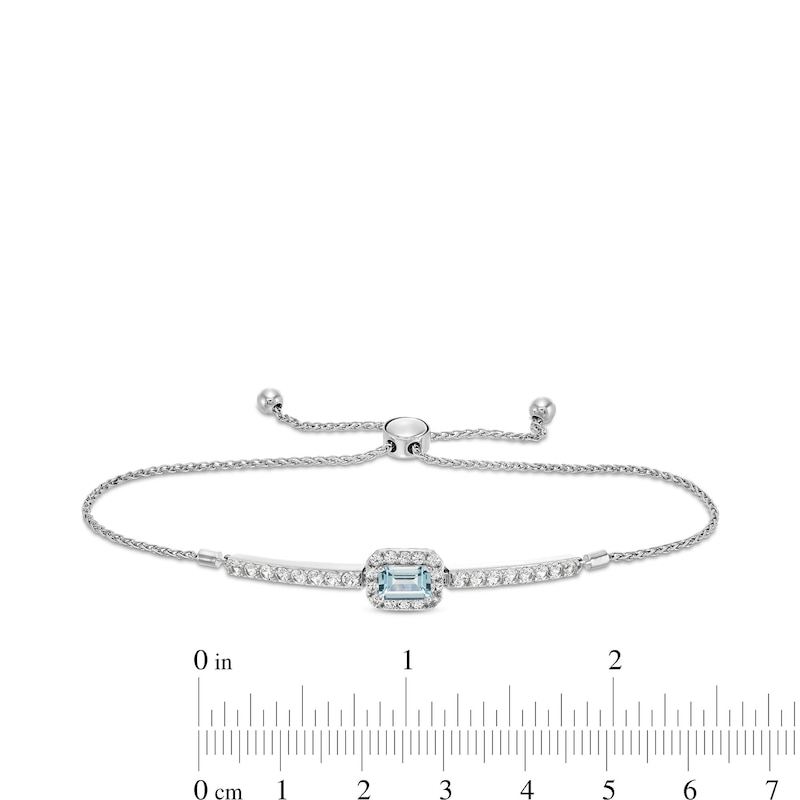 Emerald-Cut Aquamarine and White Lab-Created Sapphire Frame Bar Bolo Bracelet in Sterling Silver - 9.0"