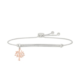 1/8 CT. T.W. Diamond &quot;FAMILY FOREVER&quot; Tree Charm Bolo Bracelet in Sterling Silver and 10K Rose Gold - 9.0&quot;