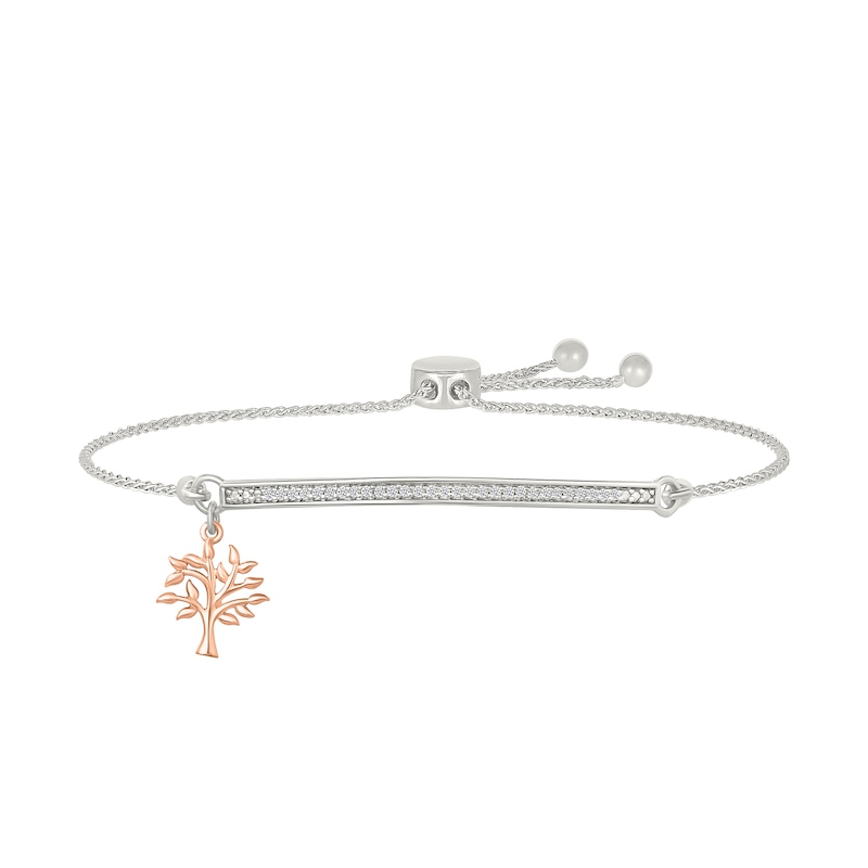 Main Image 1 of 1/8 CT. T.W. Diamond &quot;FAMILY FOREVER&quot; Tree Charm Bolo Bracelet in Sterling Silver and 10K Rose Gold - 9.0&quot;