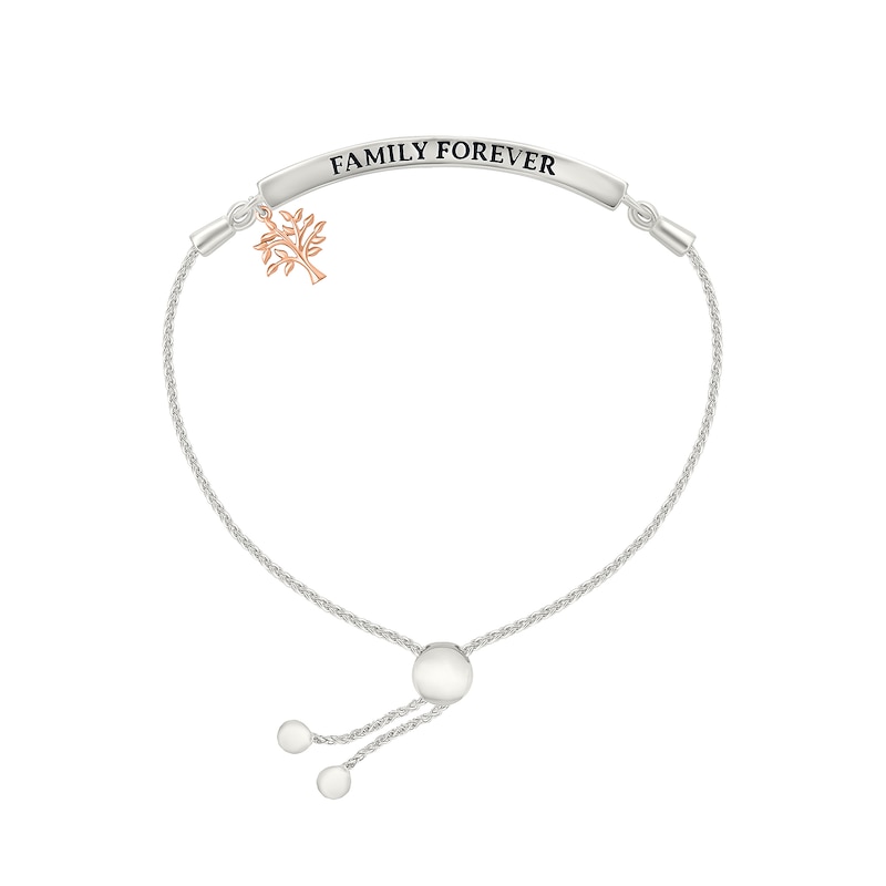 Main Image 2 of 1/8 CT. T.W. Diamond &quot;FAMILY FOREVER&quot; Tree Charm Bolo Bracelet in Sterling Silver and 10K Rose Gold - 9.0&quot;