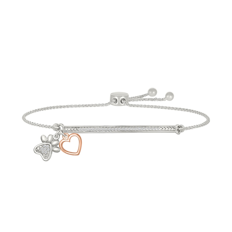 Main Image 1 of 1/8 CT. T.W. Diamond &quot;DOG MOM&quot; Paw Print and Heart Charm Bolo Bracelet in Sterling Silver and 10K Rose Gold - 9.0&quot;