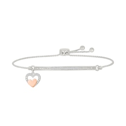 1/10 CT. T.W. Diamond &quot;DADDY'S GIRL&quot; Layered Heart Charm Bolo Bracelet in Sterling Silver and 10K Rose Gold - 9.0&quot;