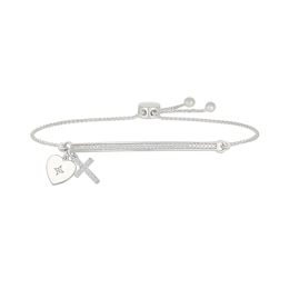 1/8 CT. T.W. Diamond &quot;FAITH&quot; Cross and Heart Double Charm Bolo Bracelet in Sterling Silver - 9.0&quot;