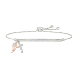 1/6 CT. T.W. Diamond &quot;BELIEVE&quot; Cross and Angel Wing Charm Bolo Bracelet in Sterling Silver and 10K Rose Gold - 9.0&quot;