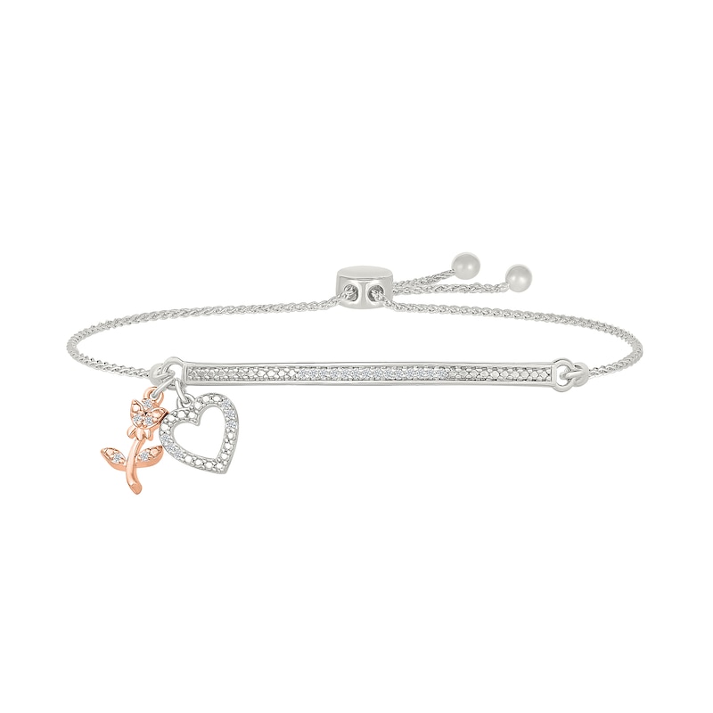 Main Image 1 of 1/10 CT. T.W. Diamond &quot;GRANDMA&quot; Flower and Heart Charm Bolo Bracelet in Sterling Silver and 10K Rose Gold - 9.0&quot;