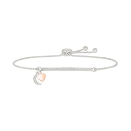 1/8 CT. T.W. Diamond &quot;LOVE YOU TO THE MOON&quot; Heart and Moon Charm Bolo Bracelet in Sterling Silver and 10K Rose Gold