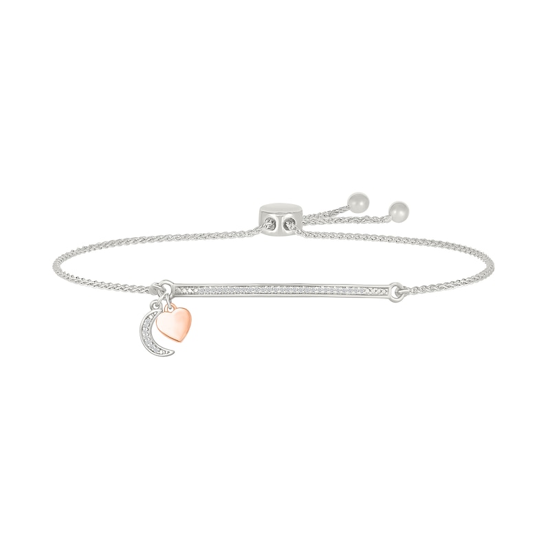 Main Image 1 of 1/8 CT. T.W. Diamond &quot;LOVE YOU TO THE MOON&quot; Heart and Moon Charm Bolo Bracelet in Sterling Silver and 10K Rose Gold