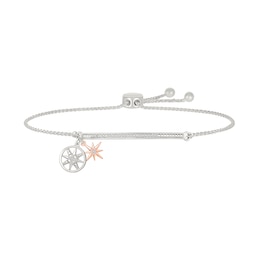 1/10 CT. T.W. Diamond &quot;LIFE IS A JOURNEY&quot; Star and Compass Charm Bolo Bracelet in Sterling Silver and 10K Rose Gold