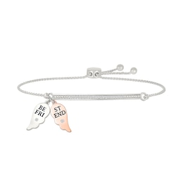 1/10 CT. T.W. Diamond &quot;FRIENDS FOREVER&quot; Double Angel Wing Charm Bolo Bracelet in Sterling Silver and 10K Rose Gold