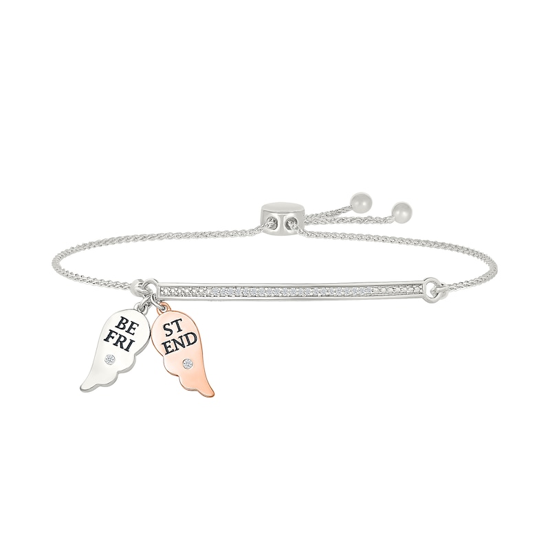 Main Image 1 of 1/10 CT. T.W. Diamond &quot;FRIENDS FOREVER&quot; Double Angel Wing Charm Bolo Bracelet in Sterling Silver and 10K Rose Gold